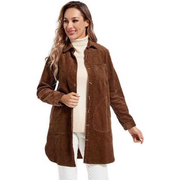 Women's Corduroy Shirt Coats Long Sleeve Button Down Blouses Tops with Pockets - Picture 5 of 7